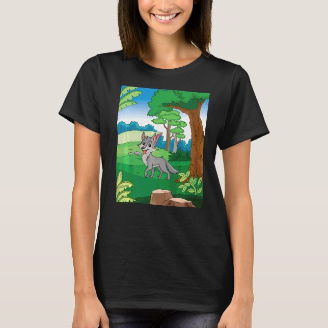 Camiseta Wolf Cinza Sorridente Correndo Pela Floresta Com B (Frente)