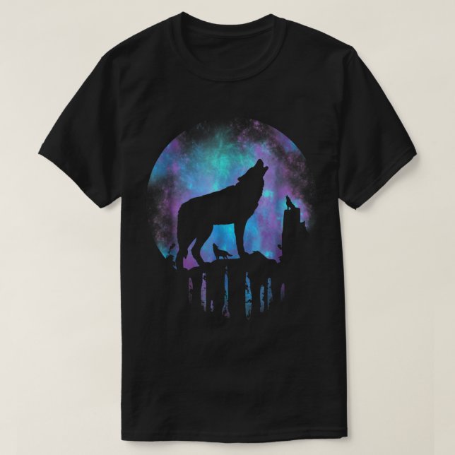 Camiseta Wolf Howling at Galaxy Moon Art (Frente do Design)