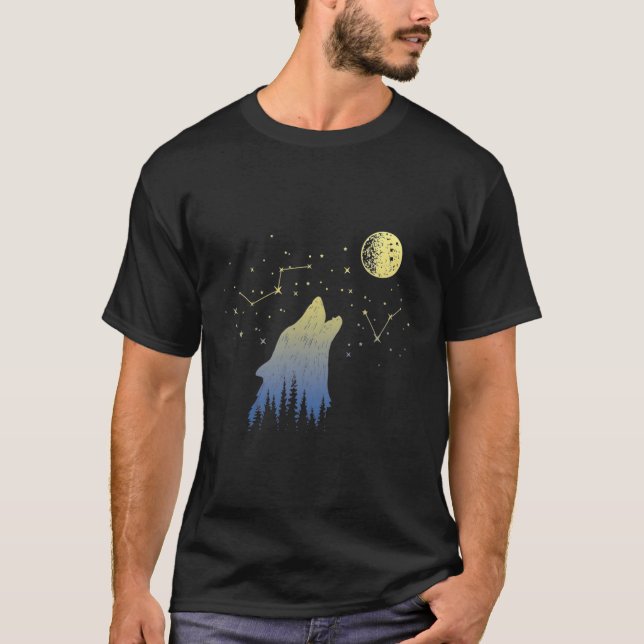 Camiseta Wolf Howling Em Estrelas Constelações E Lobo Lua (Frente)