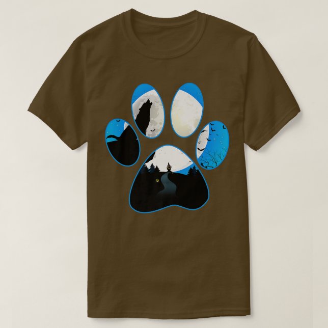 Camiseta Wolf Howling Na Lua Blue Dog Paw Halloween  (Frente do Design)