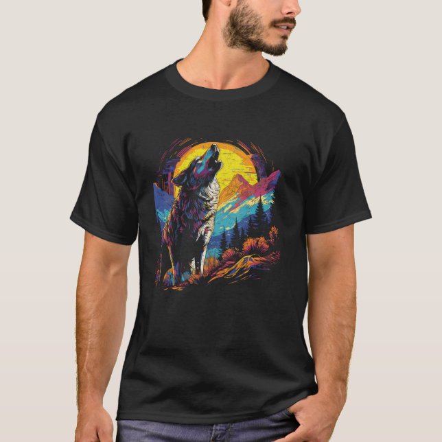 Camiseta Wolf Howling Na Lua Brilhante Homens Da Noite Colo (Frente)
