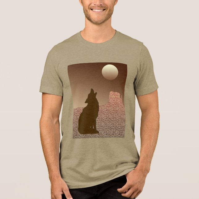 Camiseta Wolf Howling na Lua em Brown e Tan (Frente)