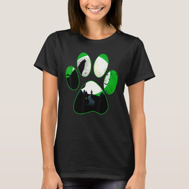 Camiseta Wolf Howling Na Lua Green Dog Paw Halloween (Frente)