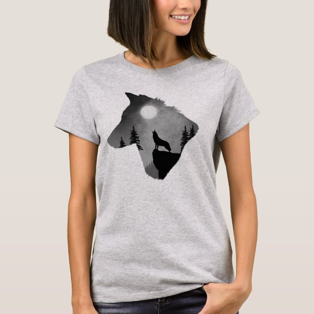 Camiseta Wolf Howling na Silhouette da Lua (Frente)