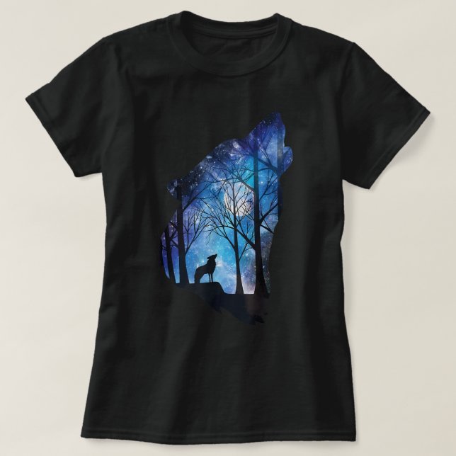 Camiseta Wolf Howling no céu da lua Wolf Wild Anim (Frente do Design)