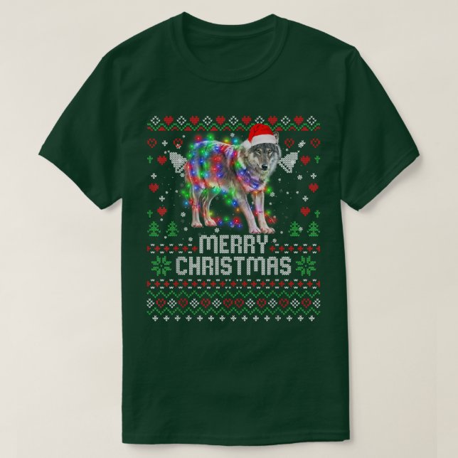 Camiseta Wolf Santa Hat Animal Christmas Tree Lights Holida (Frente do Design)