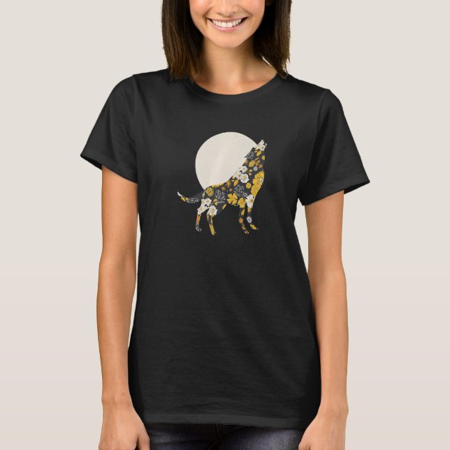 Camiseta Wolf Silhouette Flower Pattern Amigos de Cachorro (Frente)