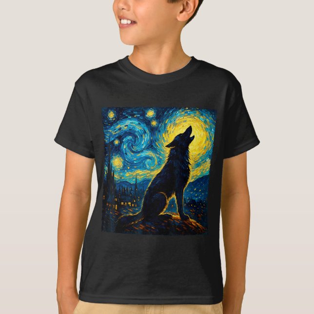 Camiseta Wolf Starry Night Howling Moon Engraçado Presente  (Frente)