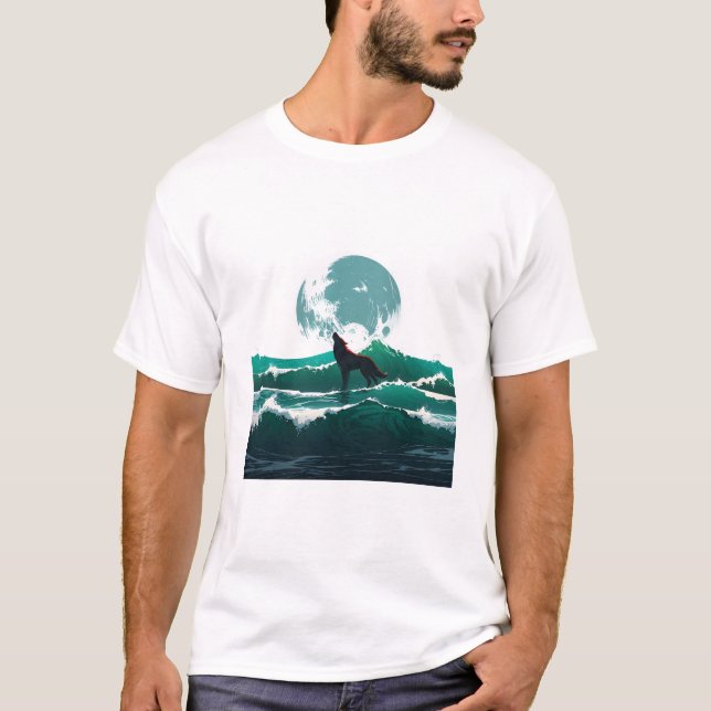 Camiseta Wolf Wave Art - Ukiyo-e Moonlight Design (Frente)