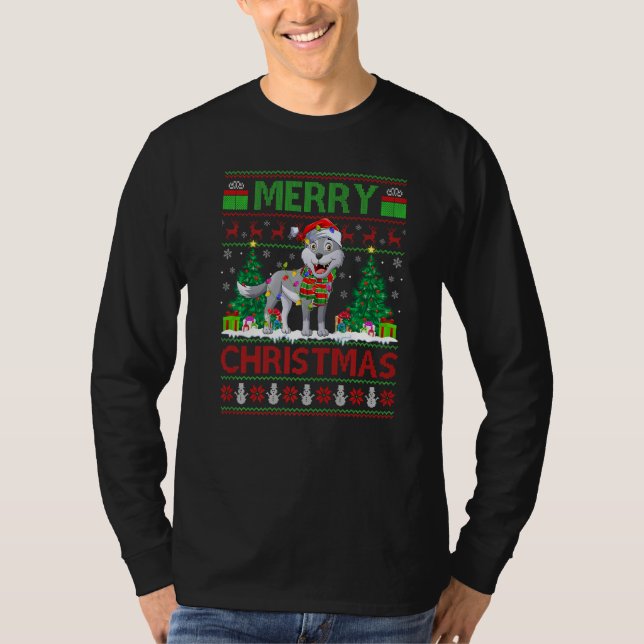 Camiseta Wolf  Xmas Tree Lights Ugly Santa Wolf Christmas (Frente)