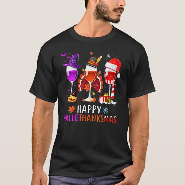 Camiseta Women Wine Glass Thankgiving  Wine Happy Hallothan (Frente)