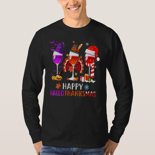 Camiseta Women Wine Glass Thankgiving  Wine Happy Hallothan (Frente)