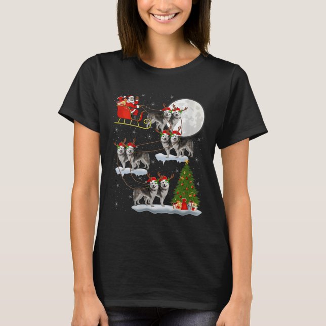 Camiseta Womens Alaskan Malamute Dog Santa Sleigh Flying Fu (Frente)