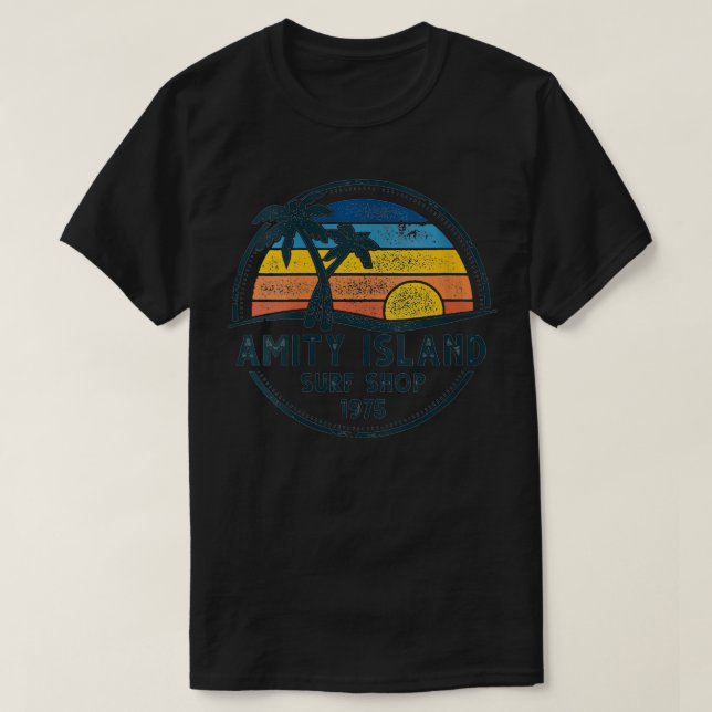 Camiseta Womens Amity Island Surfing 1975 Surf Shop Sunset (Frente do Design)