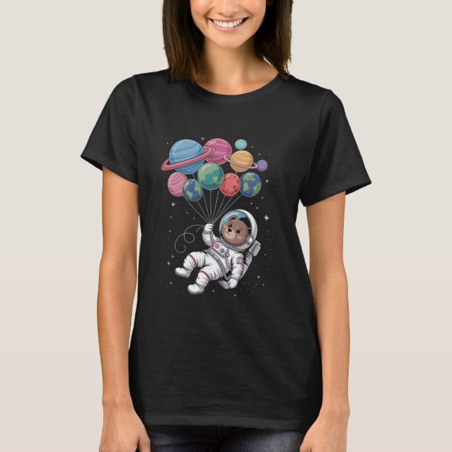 Camiseta Womens Astronaut Bear Holding Planet Balloons Oute (Frente)