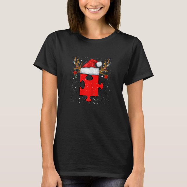 Camiseta Womens Autism Puzzle Reindeer Santa Hat Christmas  (Frente)