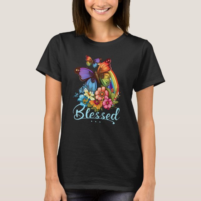 Camiseta Womens Blessed Christian Butterfly Pretty Floral R (Frente)