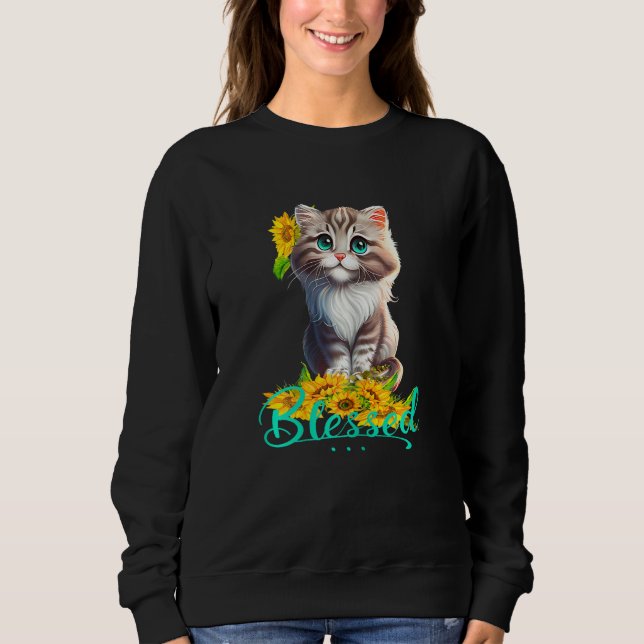 Camiseta Womens Blessed Cute Tabby Kitty With Sunflowers Ch (Frente)