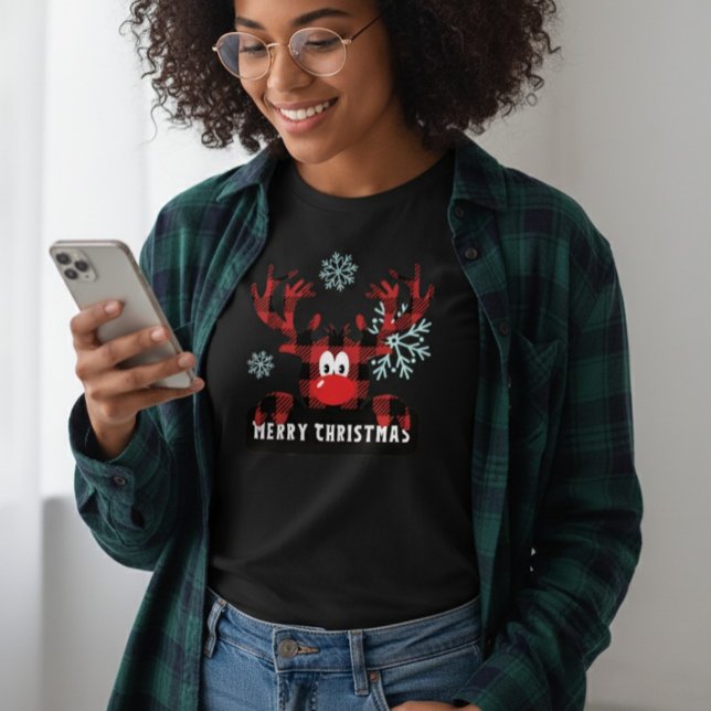 Camiseta Women's Buffalo Plaid Reindeer Merry Christmas (Criador carregado)