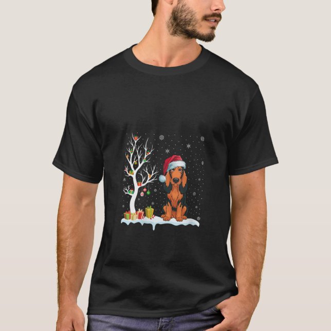 Camiseta Womens Coonhound Dog Santa Hat Festive Tree Light  (Frente)