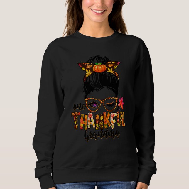 Camiseta Womens Cute One Thankful Grandma Messy Bun Fall Au (Frente)