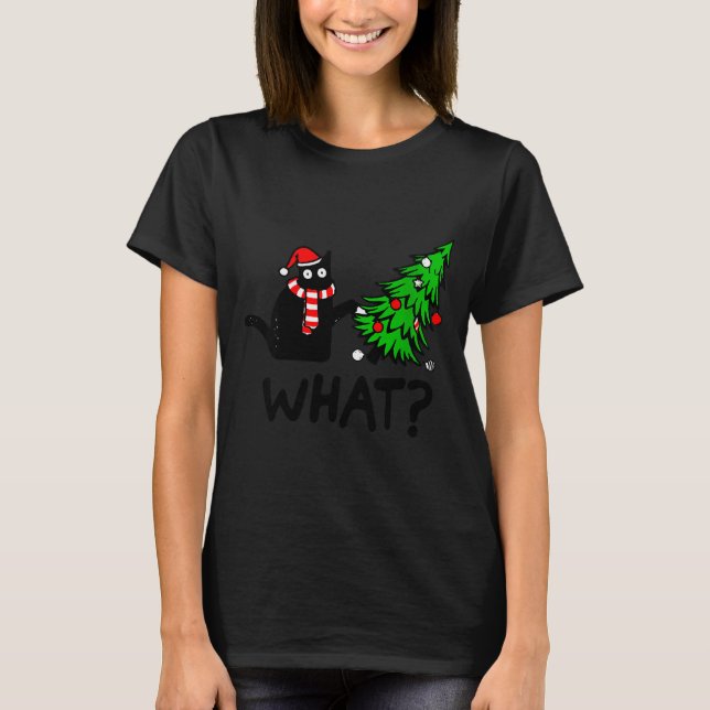 Camiseta Womens Funny Black Cat Gift Pushing Christmas Tree (Frente)