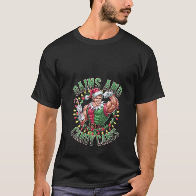 Camiseta Womens Gains and Candy Canes Funny Christmas Elf G (Frente)