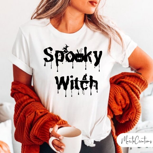 Camiseta Women's Halloween Black and White Spooky Witch (Spooky Witch)