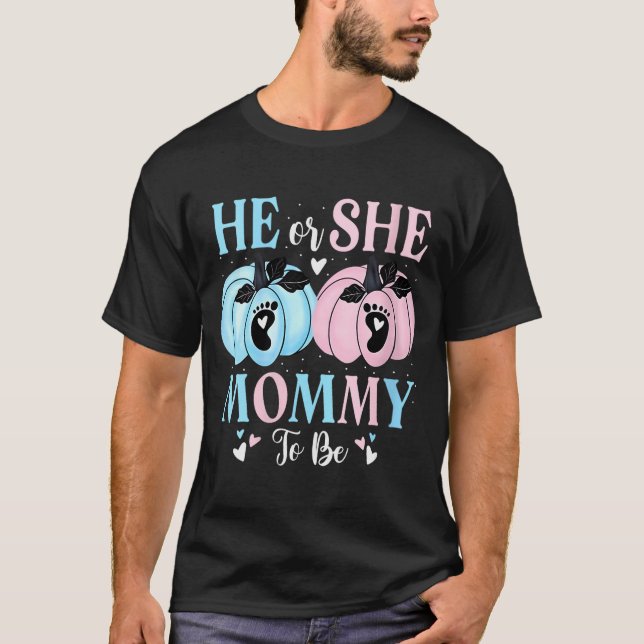Camiseta Womens Halloween Pumpkin Gender Reveal He Or She M (Frente)