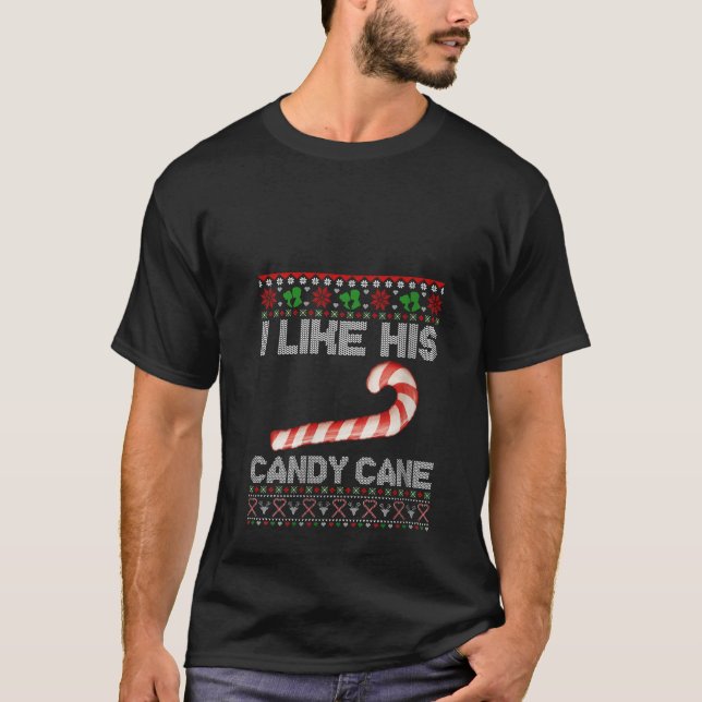 Camiseta Womens I Like His Candy Cane Funny Couples Ugly Ch (Frente)