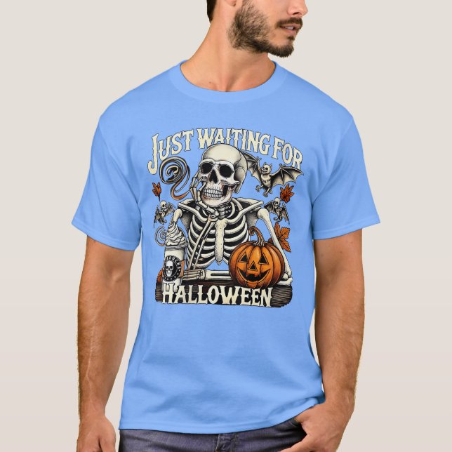 Camiseta Womens Just Waiting For Halloween Skeleton Coffee  (Frente)