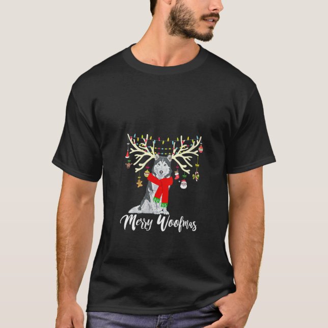Camiseta Womens Merry Woofmas Siberian Husky Reindeer Chris (Frente)
