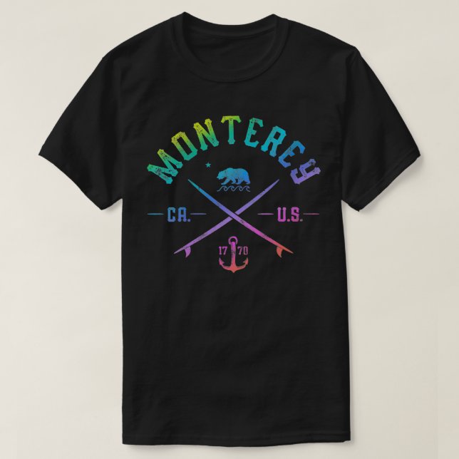 Camiseta Womens Monterey California Rainbow Colour Surfing (Frente do Design)