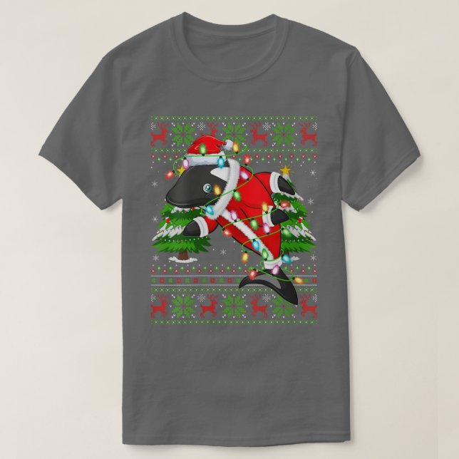 Camiseta Womens Orca Fish Xmas Tree Mating Papais noeis Orc (Frente do Design)