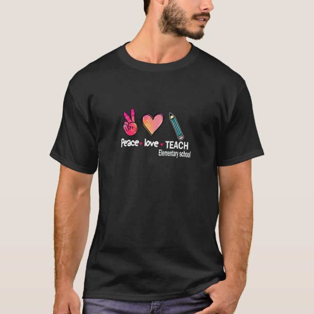 Camiseta Womens Peace Love Teach Elementary Pink Hand With  (Frente)