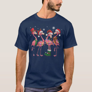 Camiseta Womens Pink Flamingo Santa Hat Christmasree Lights