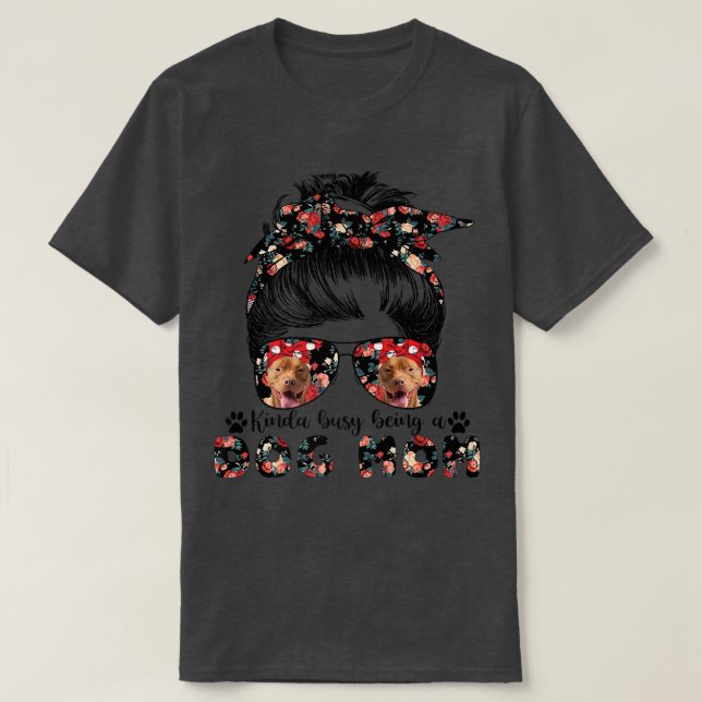 Camiseta Womens Pit bull Dog Mom Messy Bun Hair Glasses Pre (Frente do Design)