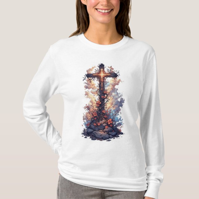 Camiseta Women's Pretty Christian Cross Long Sleeve Tee (Frente)