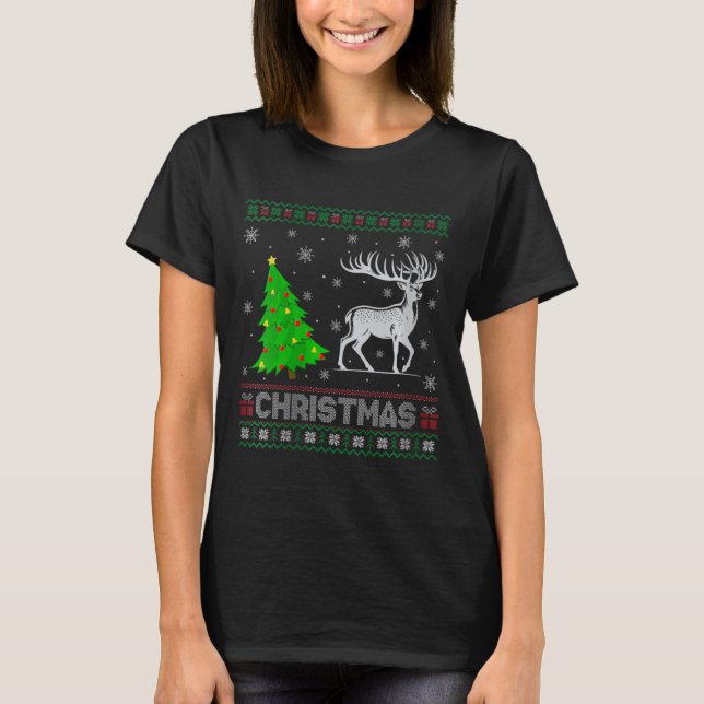 Camiseta Womens Reindeer Xmas Tree Lighting Feia Natal (Frente)