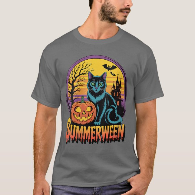 Camiseta Womens Retro Black Cat Spooky Cute Art Summerween  (Frente)