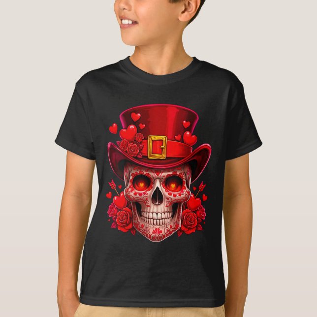 Camiseta Women's Sugar Skull Valentine Cud Red Roses Couple (Frente)