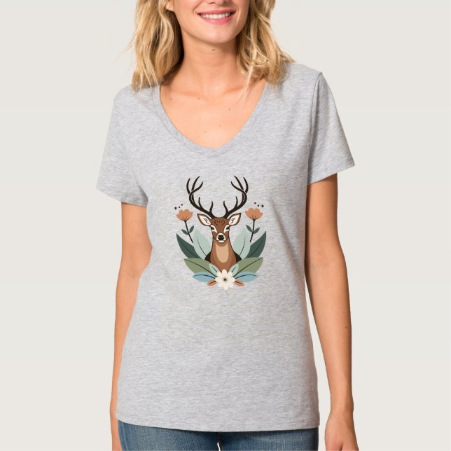 Camiseta Woodland Harmony – Boho Deer Botanical Illustratio (Frente)