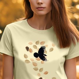 Camiseta Woodland Nature Autumn Leaves e Pássaros Raven Voa