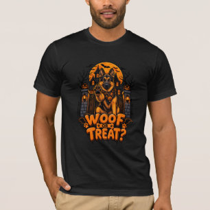 Camiseta Woof Ou Doce Pastor Alemão Halloween Cachorro Engr