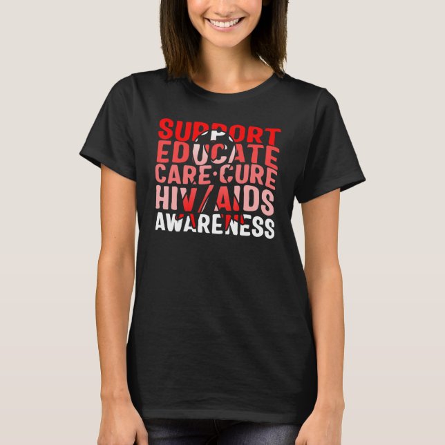 Camiseta Word Aids Days Support Educate Care Cure Red Aware (Frente)