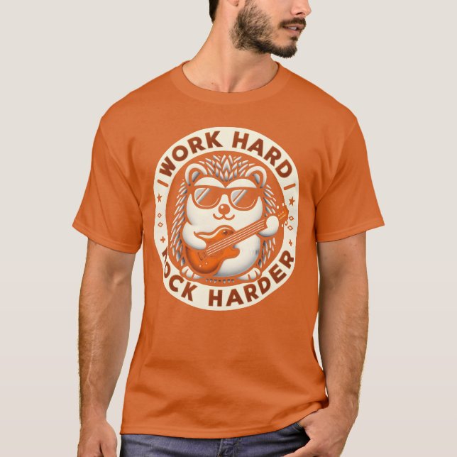 Camiseta Work Hard Rock Harder Cool Hedgehog Guitar Design  (Frente)