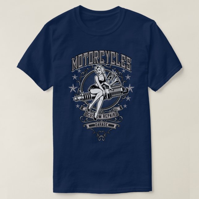 Camiseta Workshop de Garagem de Motociclos PinUp (Frente do Design)