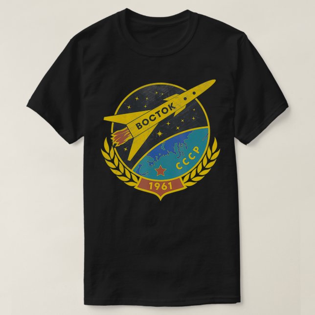 Camiseta Wostok Sputnik URSS Propaganda Espacial da União S (Frente do Design)