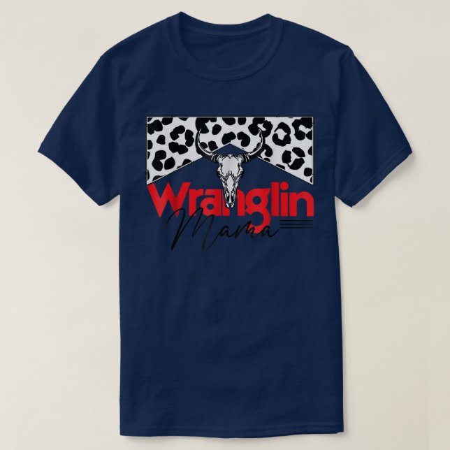 Camiseta Wranging Mama Bull Skull Leopard Western Mães (Frente do Design)
