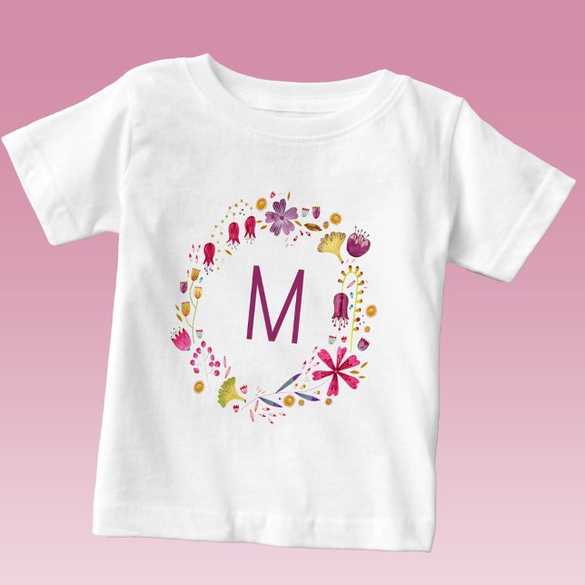 Camiseta Wreath Monograma de Cores de Água Selvagem (Monogram initial personalized watercolor botanical floral wreath baby t-shirt)